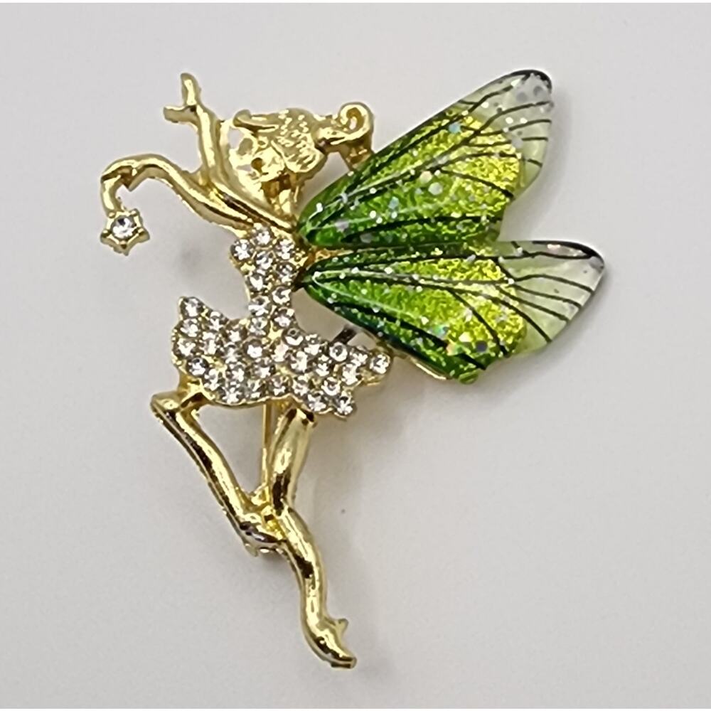 Dancing Fairy Rhinestone Brooch Gold Tone Metal Green Glitter Acrylic Wings